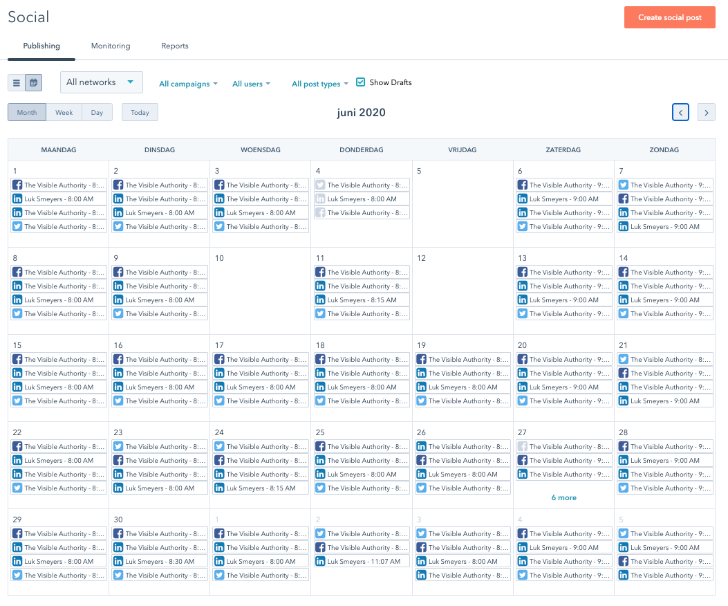 Social sharing automation screen shot Hubspot June 2020